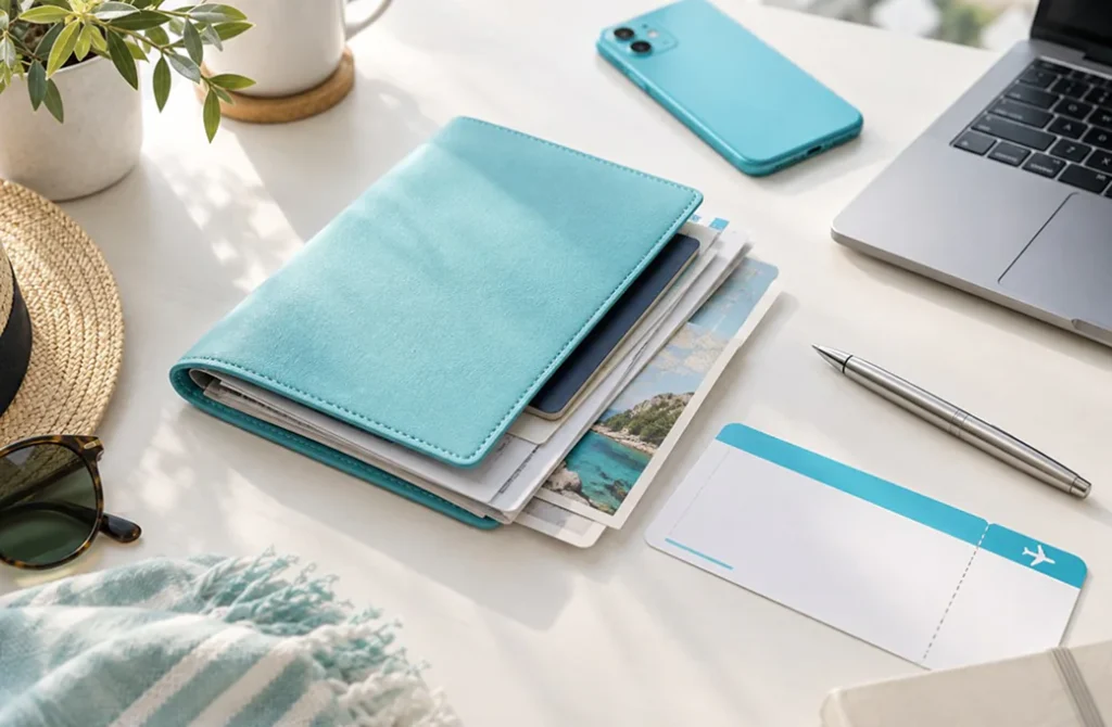 Masada teal pasaport kılıfı, biniş kartları, telefon ve dizüstü