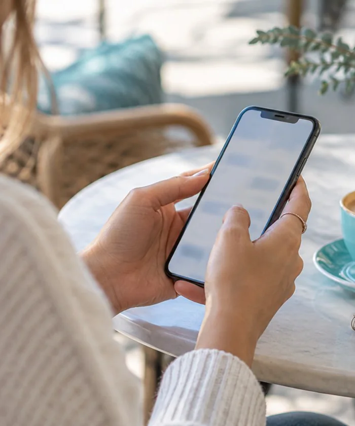 Kafe masasında telefonunu kullanan kişi
