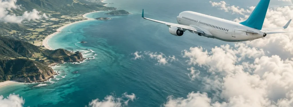 Turkuaz bir koyun üzerinde uçan, kuyruğu teal renkli yolcu uçağı
