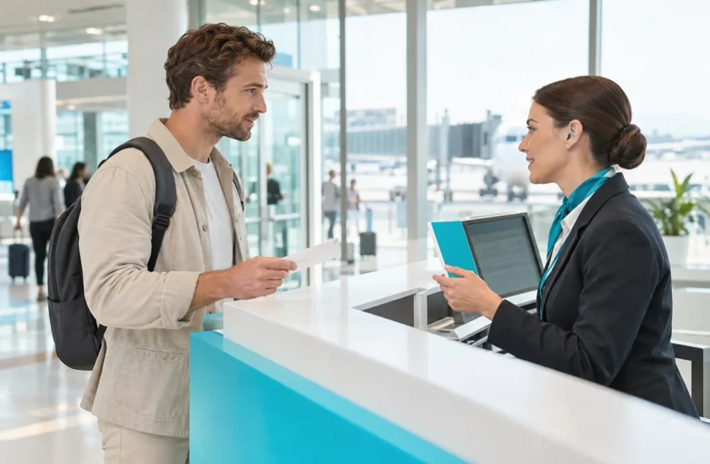 Check-in bankosunda görevliyle konuşan yolcu
