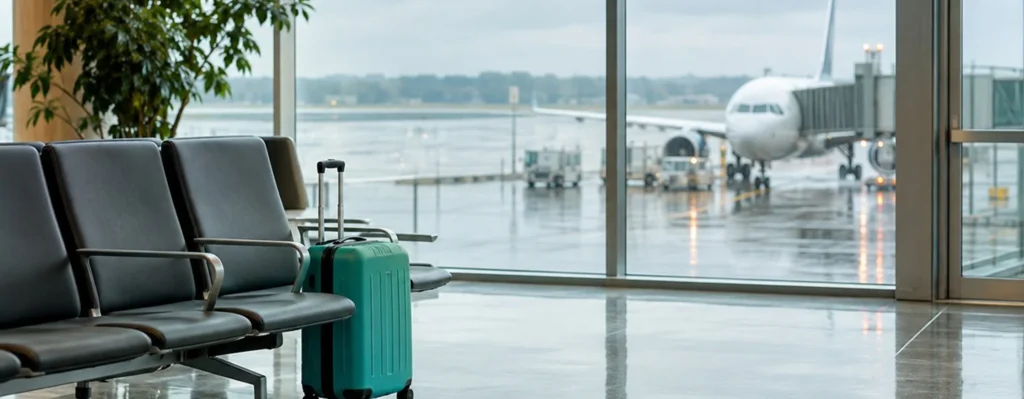 Yağmurlu havada boş terminal koltukları ve bir valiz