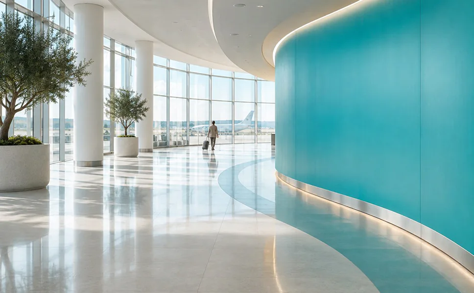 Aydınlık terminal, kavisli teal duvar